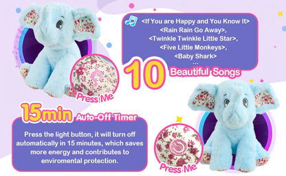 Plush Toy – Blue Elephant with LED Glow and Optional Lullaby Music for Soft Room Display and Gifting
