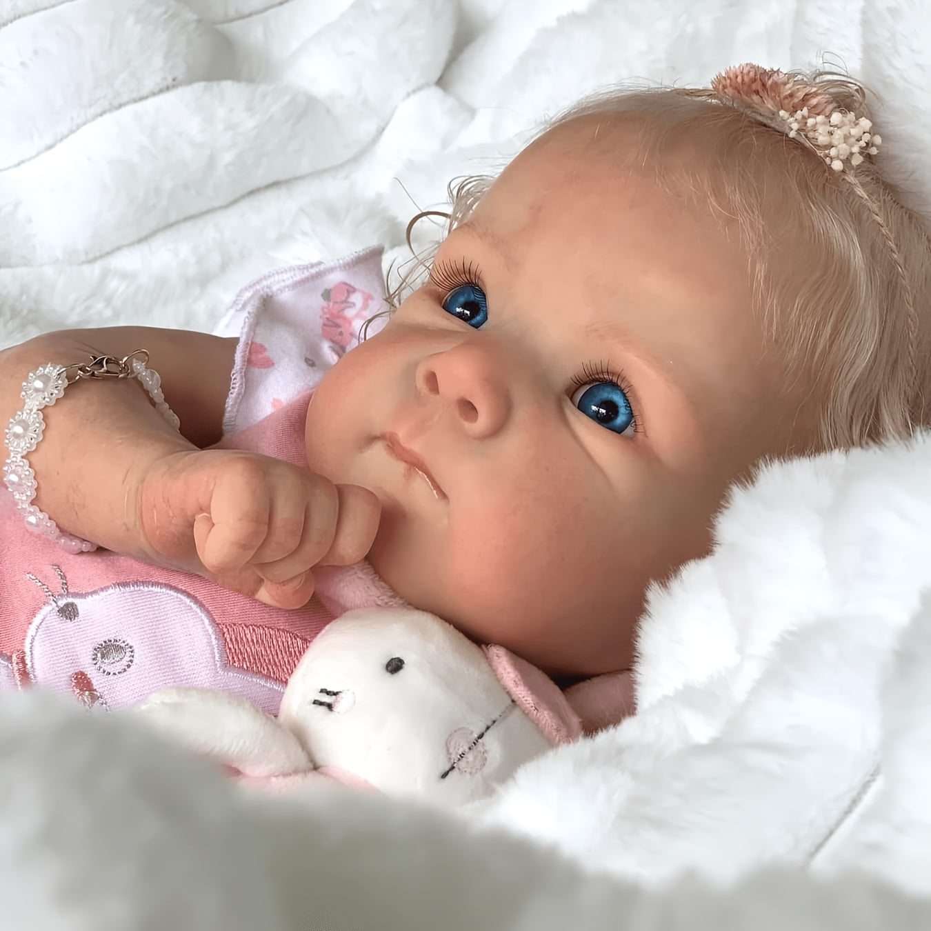 Reborn Baby Doll 16-Inch Cloth Body with Rooted Blonde Hair, Open Eyes, Pink Romper and Pacifier Set