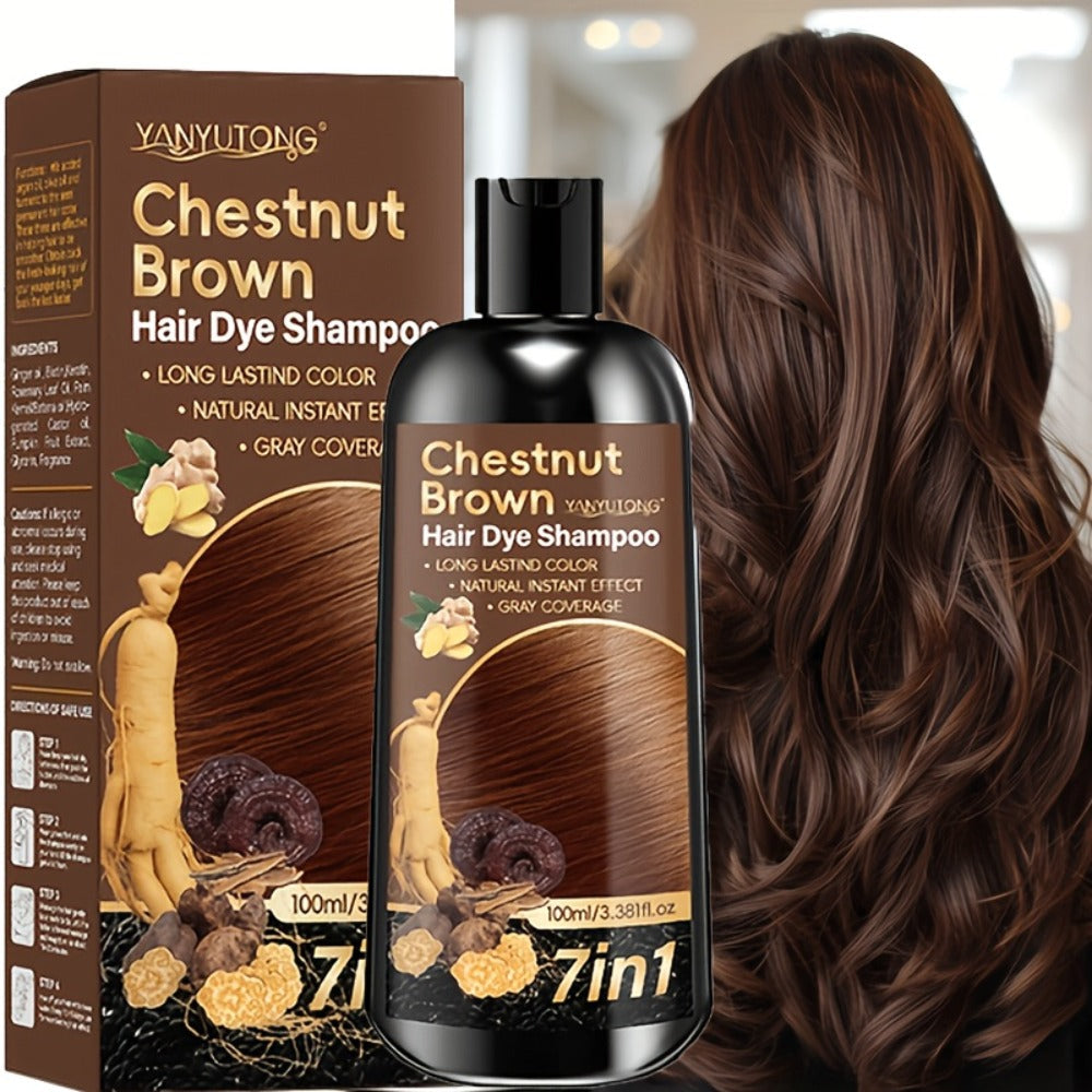 7-in-1 Gray Hair Coverage Color Shampoo with Ginger Oil Biotin & Rosemary — Gentle Scalp-Safe Formula, No Ammonia, Long-Lasting Color, 3 Shades Brown Chestnut Brown Black, Men & Women