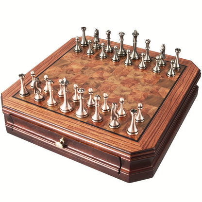 12-Inch Wooden-Style Chess Set with Metal-Finish Pieces, Two Storage Drawers and Two Extra Queens for Adults