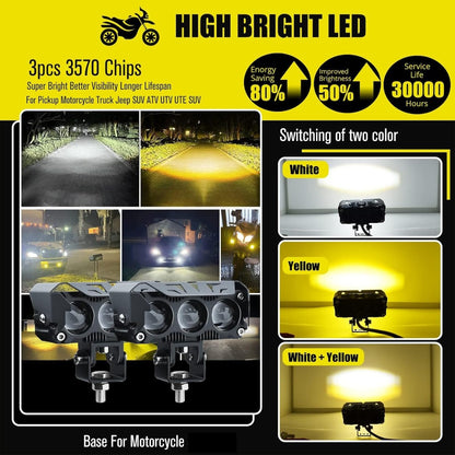 Motorcycle LED Lights 2 Pack with Switch - Dual Color White & Amber High Low Beam Auxiliary Driving Lights for Motorcycle Truck ATV UTV SUV Off Road