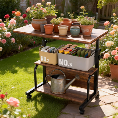 Two-Tier Mobile Garden Work Table with Wood-Look Top, Metal Frame, Storage Shelf and Locking Casters