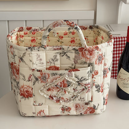 Quilted Floral Carry Storage Basket, Approximately 32 x 26 x 25cm with Two Padded Handles and Seven Patterns