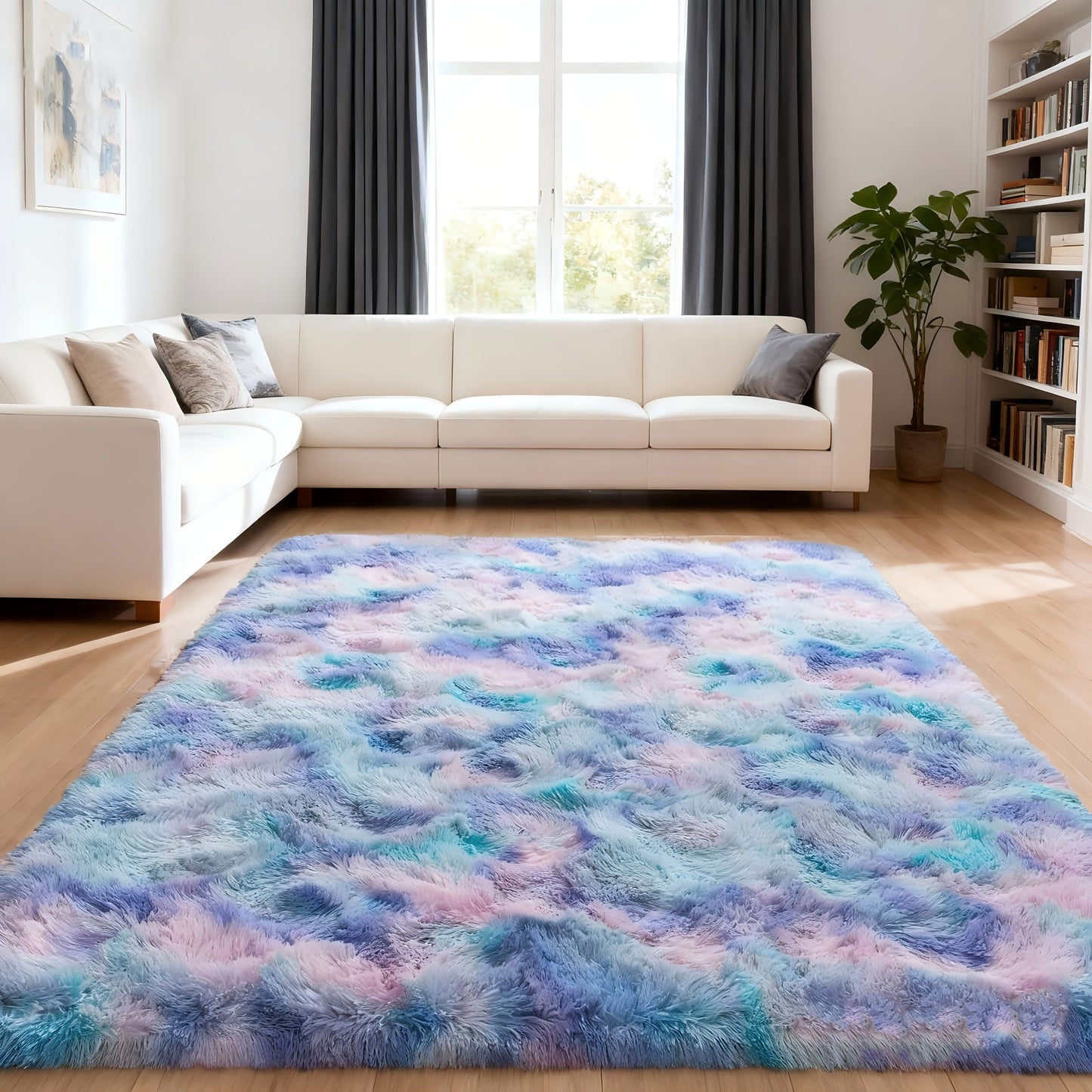 Area Rug Rainbow Purple Tie-Dye Shag in Three Machine-Washable Sizes for Bedroom or Living Room