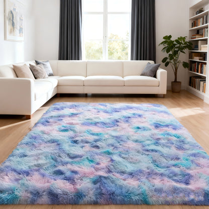 Area Rug Rainbow Purple Tie-Dye Shag in Three Machine-Washable Sizes for Bedroom or Living Room