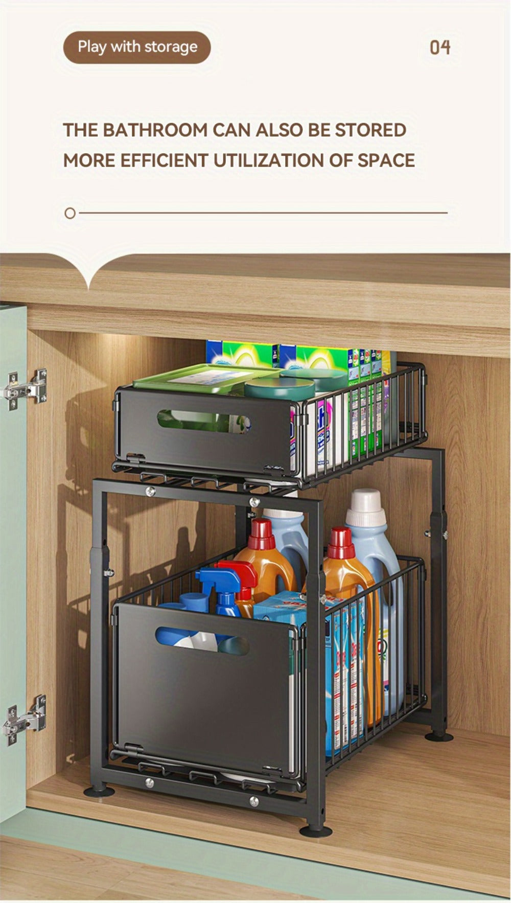 Under Sink Organizer 2-Tier Slide Out – Heavy Duty Metal Cabinet Shelf, Adjustable Space-Saving Storage Rack for Kitchen & Bathroom Cabinets, Pull Out Drawer Organizer