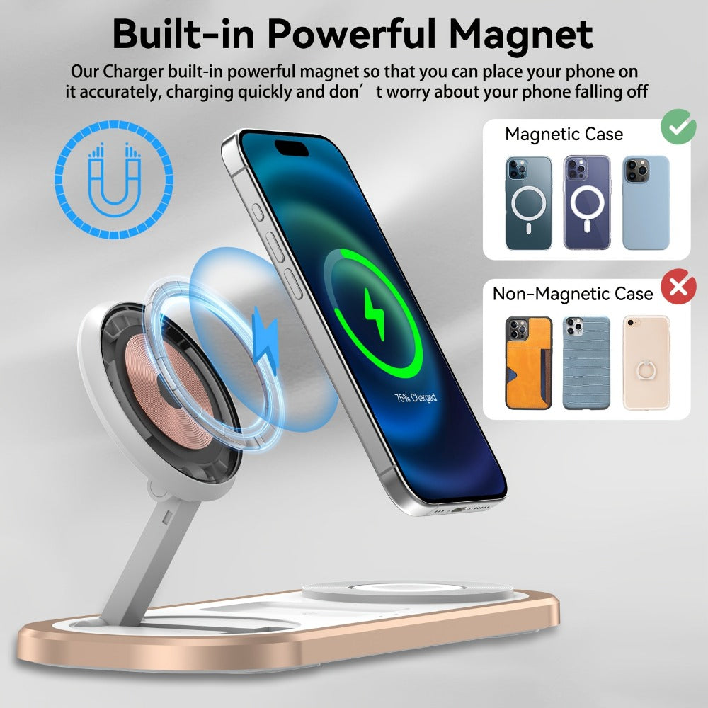 Samsung & iPhone 3-in-1 Wireless Charging Station Foldable 15W Fast Charger for iPhone 17/16/15/14/13/12, Apple Watch Ultra 2/Series 10/9/SE, AirPods Pro 4/3/2 & Samsung Galaxy S25/S24/S23 – 4 Colors Black Gold Silver Blue