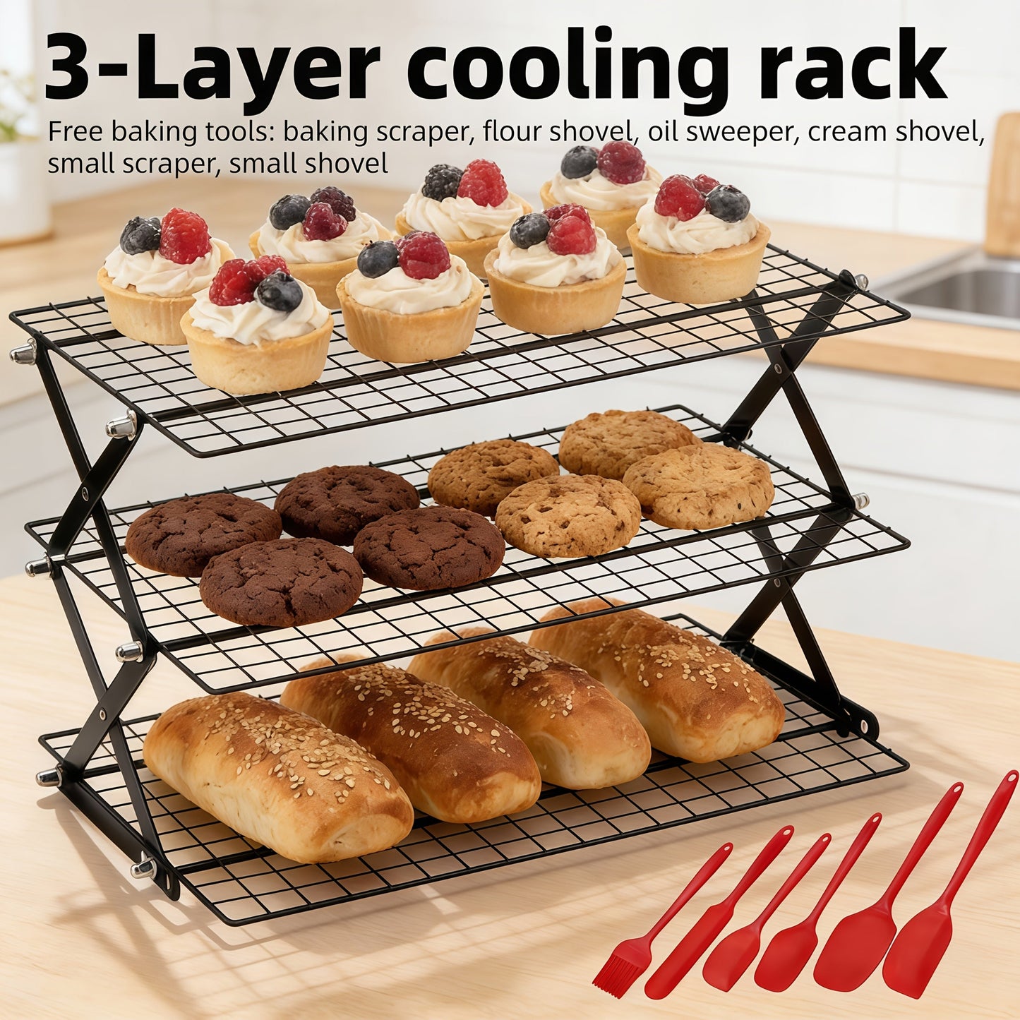 Foldable Cooling Rack Set – Stackable Oven Cookie Cake Drying Rack with Free Baking Tools (Silicone Spatula, Egg Beater, Tongs, Brush) | 3/4/5 Tier Options for Kitchen, Camping & Holiday Baking