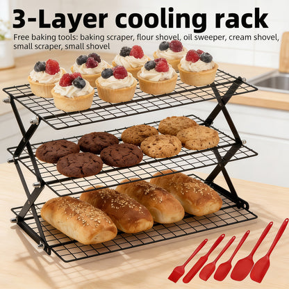 Foldable Cooling Rack Set – Stackable Oven Cookie Cake Drying Rack with Free Baking Tools (Silicone Spatula, Egg Beater, Tongs, Brush) | 3/4/5 Tier Options for Kitchen, Camping & Holiday Baking