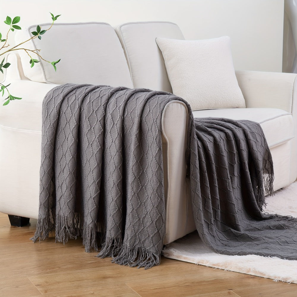 50 x 60-Inch Throw Blanket with Raised Geometric Texture, Tassel Fringe and Six Solid Color Options