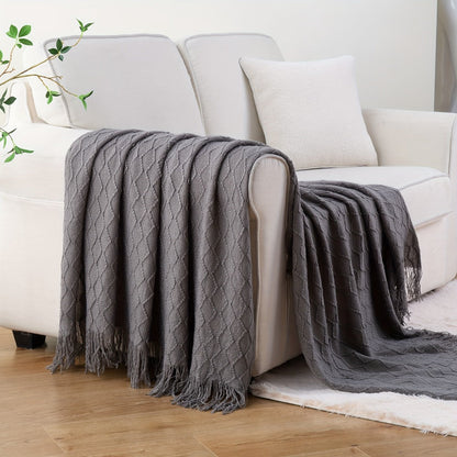 50 x 60-Inch Throw Blanket with Raised Geometric Texture, Tassel Fringe and Six Solid Color Options