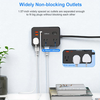 Flat Plug Extension Cord Surge Protector 10-in-1 with 6 AC Outlets 2 USB-C 2 USB-A Ports 5ft Ultra Thin Power Strip 5V/3.1A Wall Mount Charging Station for Home Office Dorm – Black & White