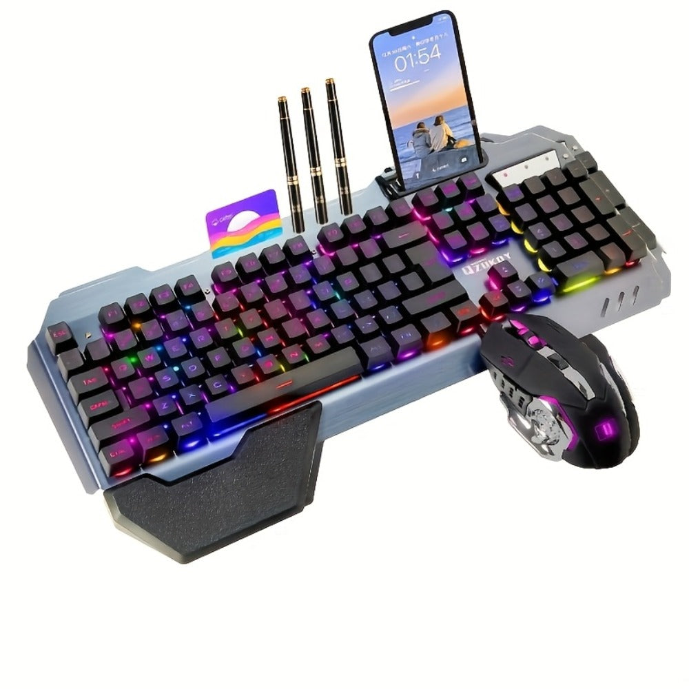 RGB Gaming Keyboard and Mouse Combo with Wrist Rest 16 Backlight Effects Mechanical Feel Aluminum Panel 26-Key Anti-Ghosting 3200DPI Mouse Phone Holder PC Desktop Windows Black