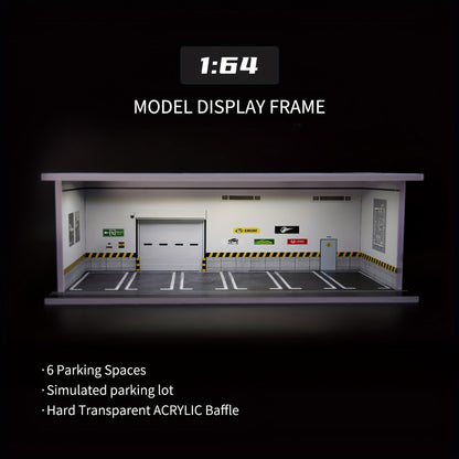 1:64 Diecast Car Display Case with LED Lighted Garage Diorama – Expandable Showcase for 6 Model Cars, Clear Acrylic Cover, Dustproof Collector Gift for Men