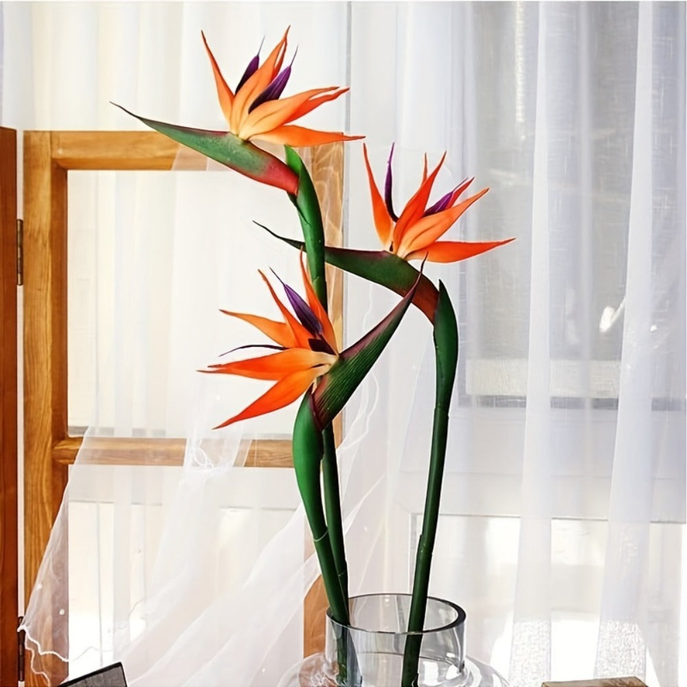 Artificial Bird of Paradise Flower Stems, Three-Piece 24.5-Inch Rubber-Labeled Set in Four Colors