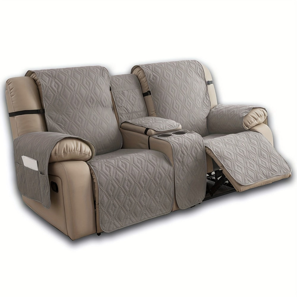 Recliner Loveseat Cover 4 Piece Set Waterproof Split Dual Recliner Sofa Slipcover with Center Console Cover & Straps - Pet Friendly Furniture Protector, Knit Polyester, 8 Colors, Black Grey Beige Navy