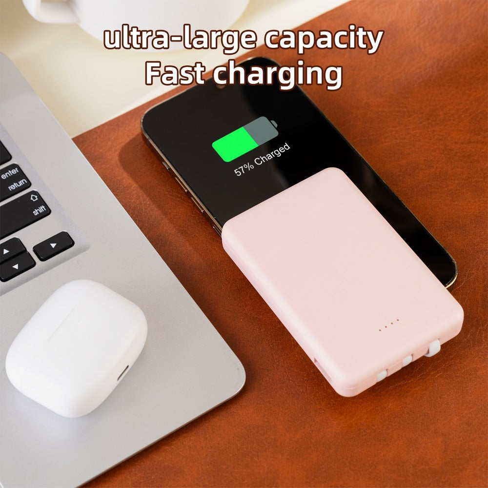 Slim Power Bank 5000mAh / 10000mAh with Built-in USB-C Cable, Charges 4 Devices Simultaneously, LED Indicator – Ultra-Compact Portable Charger for iPhone, Android, Travel, Everyday Carry