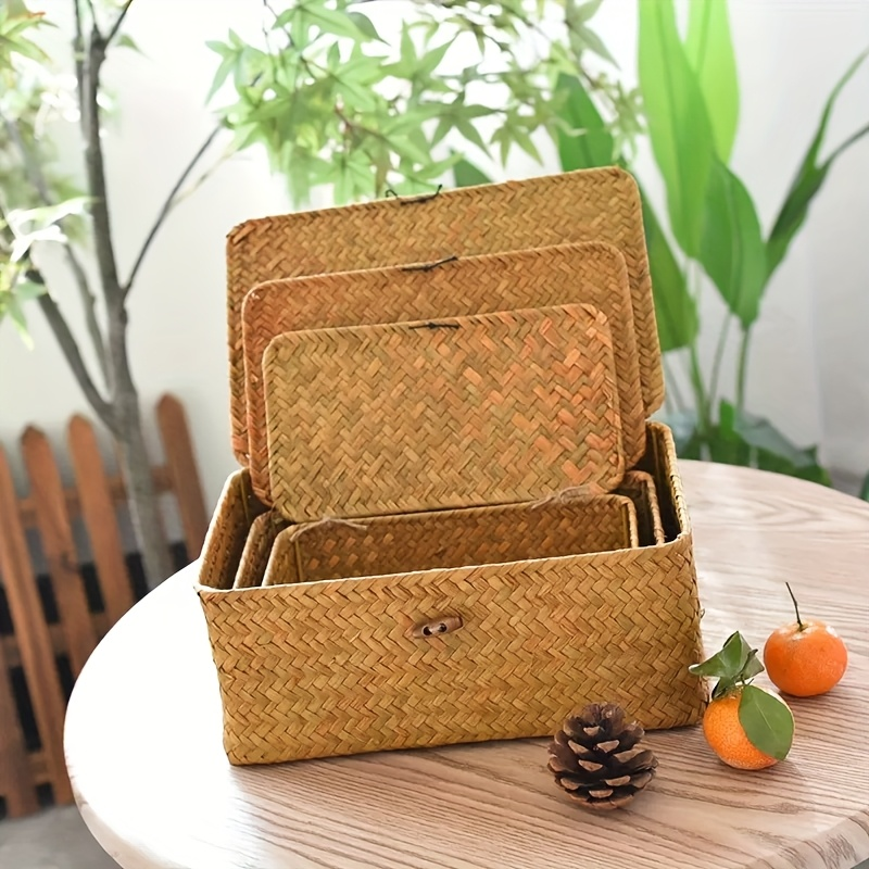 Rattan Storage Basket Set of 3 - Handwoven Wicker Organizer Bins with Lattice Lid & Label, Rustic Farmhouse Baskets for Kitchen Bathroom Pantry Shelf