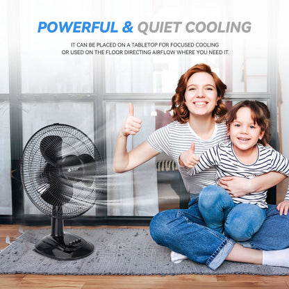 Oscillating Table Fan 12 Inch Quiet 3-Speed Adjustable Tilt with Safety Grill for Home Office Bedroom Dorm Desktop Personal Cooling Fan