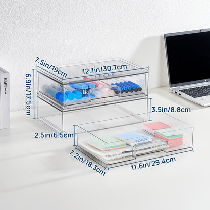 Clear Stackable Desk Drawer Organizer, Acrylic Plastic Storage Bins for Office Desk Organization, Transparent Drawer Divider Bins for Home, Studio & Vanity Table, 2 or 4 Pack Wide Organizer Trays