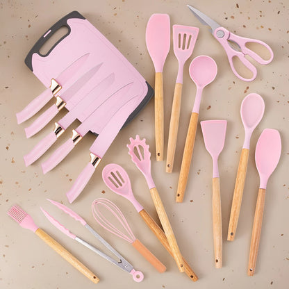 19-Piece Kitchen Knife & Utensil Set with Wooden Handles, Non-Stick Blades, Silicone Cooking Tools, Cutting Board, Scissors & Holder