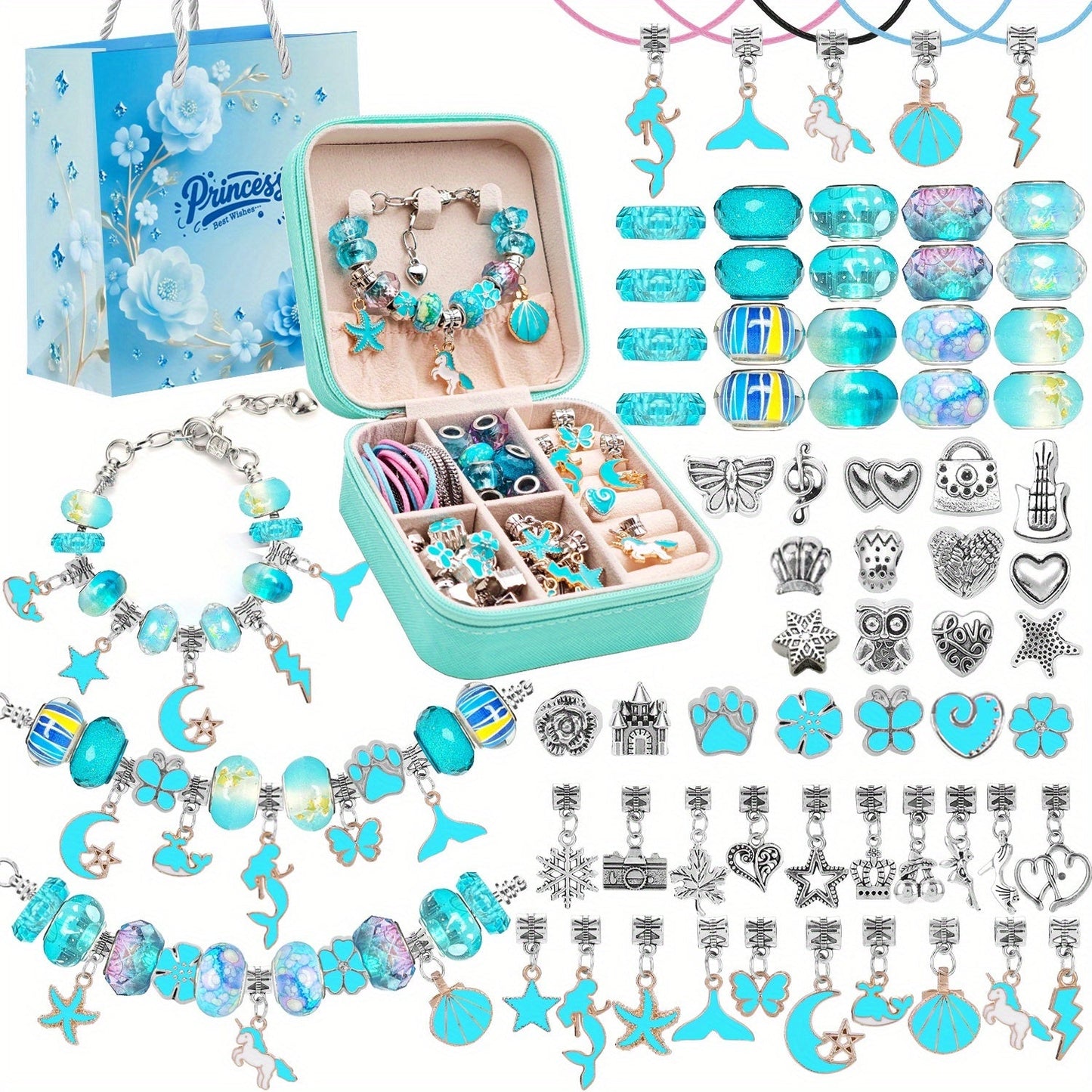 Bracelet Making Craft Kit with Portable Jewelry Box, Beads and Charms in Seven Color or Theme Options