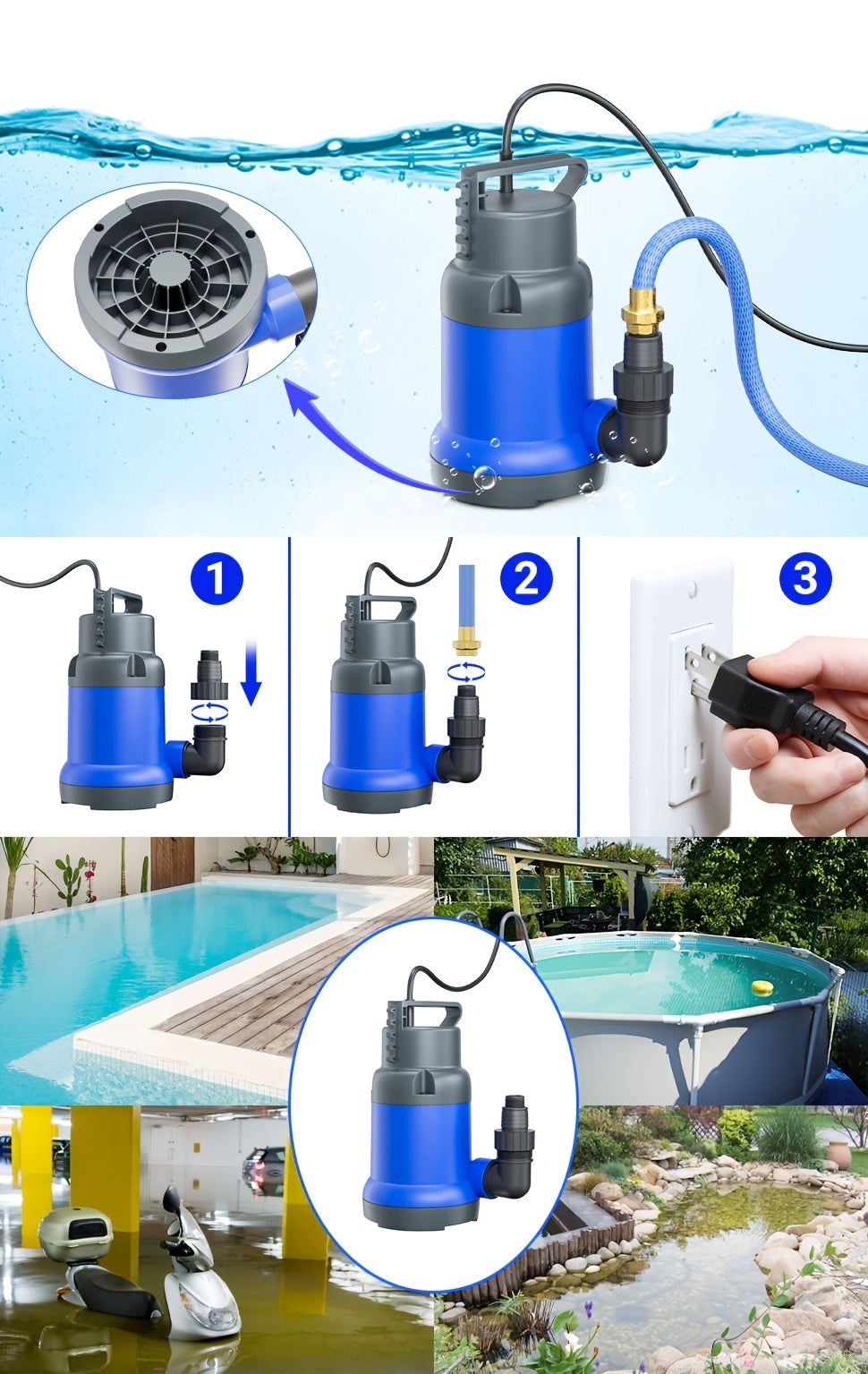 Submersible Sump Pump 1HP 4600GPH Portable Utility Water Pump for Pool Basement Flood Hot Tub