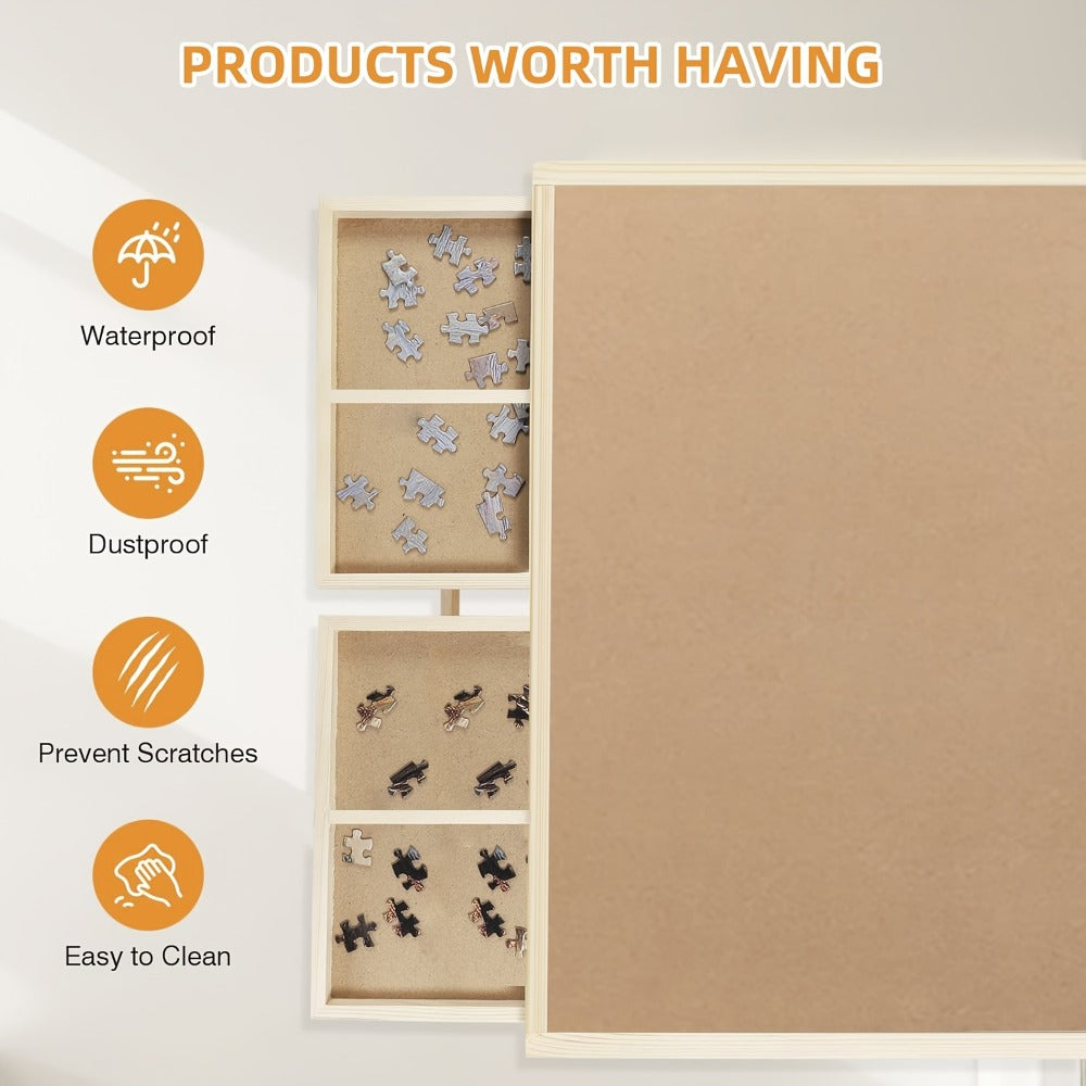 Foldable Wooden Jigsaw Puzzle Table with 4 Storage Drawers, 16 Sorting Grids and Natural-Color 1000-Piece Work Surface