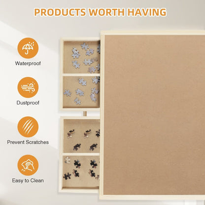 Foldable Wooden Jigsaw Puzzle Table with 4 Storage Drawers, 16 Sorting Grids and Natural-Color 1000-Piece Work Surface
