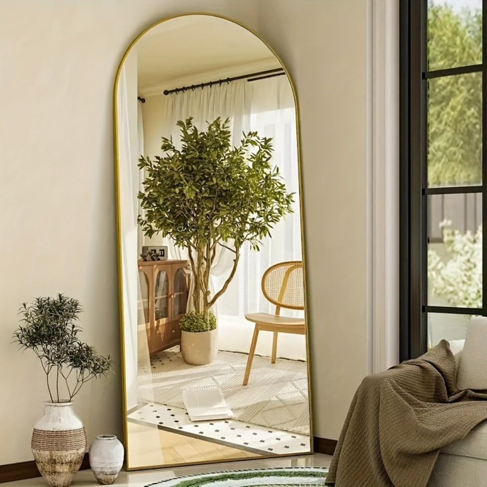 Full Length Mirror 59"x16" Arched Leaning Wall Mirror, Aluminum Alloy Thin Frame, Vertical or Tilted, Black & Gold