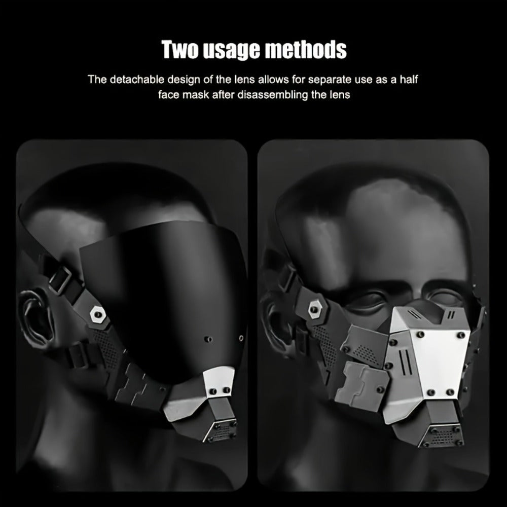 Black Reflective Cyberpunk Costume Mask with Full-Face Visor and Detachable Mechanical Lower Panel
