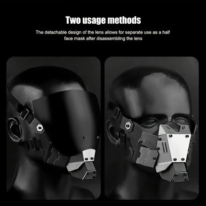 Black Reflective Cyberpunk Costume Mask with Full-Face Visor and Detachable Mechanical Lower Panel