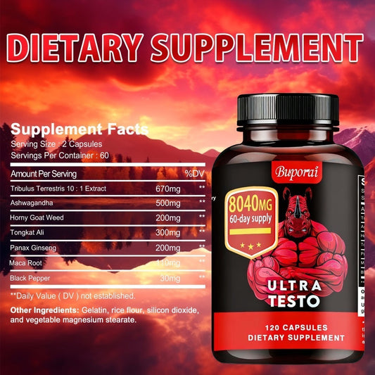 Ashwagandha Tongkat Ali Supplement for Men with Maca Root – Ultra Testo Triple Adaptogen Formula for Testosterone Support, Energy, Stamina & Male Vitality | 120 Capsules | Daily Men's Health Supplement