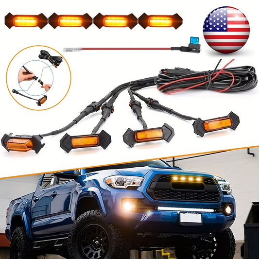 Grille LED Lights 4pcs - Amber Yellow 12V Front Grille Decorative Lights, Black Shell, Universal Fit for Toyota, Pickup Trucks & Off-Road Vehicles