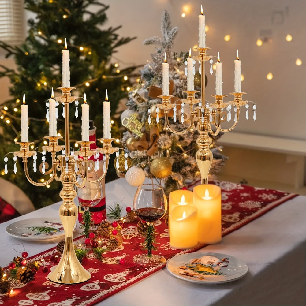 Candle Holder Set of 2 Golden Metal Five-Arm Candelabras, 20.3-Inch Tabletop Stands for Taper Candles