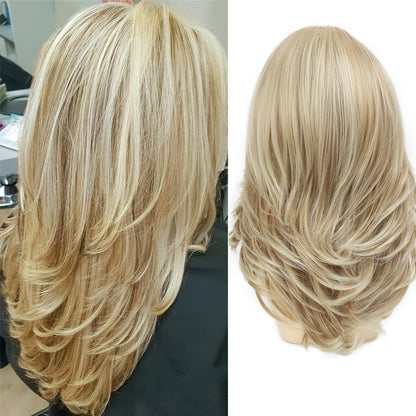 Synthetic Wig 18-Inch Layered Silvery Waves with Highlights in Two Colors and Rose Net Cap