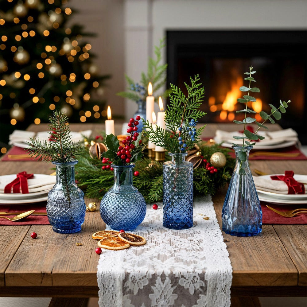 Eighteen-Piece Blue Vintage-Style Glass Bud Vase Set with Assorted 3- to 6-Inch Shapes for Table Displays