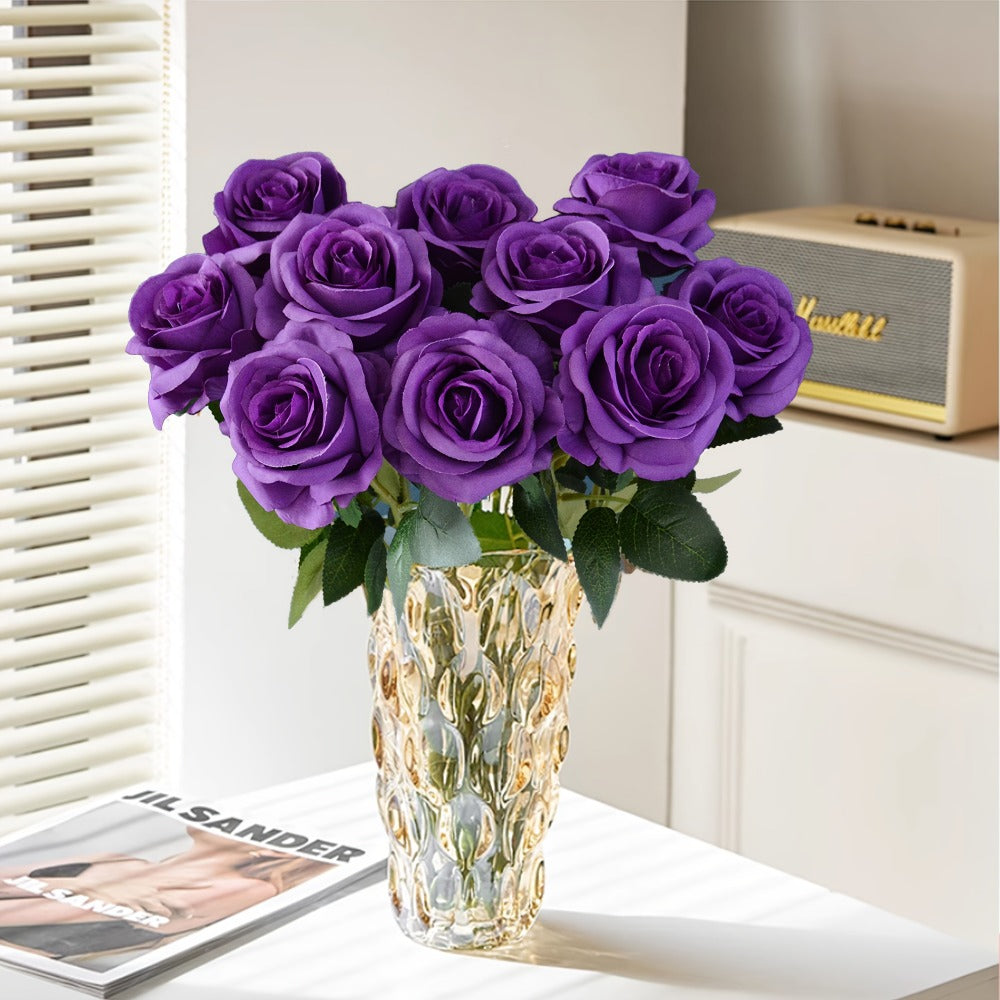 Artificial Flowers 10-Piece Silk Rose Set with 19.69-Inch Bendable Stems in Deep Purple or Dark Green