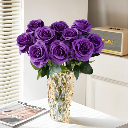 Artificial Flowers 10-Piece Silk Rose Set with 19.69-Inch Bendable Stems in Deep Purple or Dark Green
