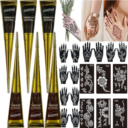 Temporary Semi-Permanent Tattoo Paste Kit - Waterproof Body Art Gel in Brown & Black with Tattoo Templates, Safe Non-Irritating Henna-Style Ink for Parties, Festivals, Cosplay & Daily Decoration