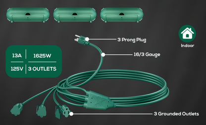 One-to-Three Extension Cord Splitter with 25- or 50-Foot Green and Black Grounded Configurations