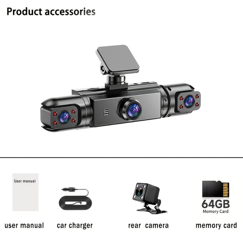 360° Panoramic Dash Cam 3 & 4 Lens 1080P HD Front + 720P Rear Left Right, Quad-Split Screen, HD Night Vision WDR G-Sensor Loop Recording, Full Coverage Car Camera, 32GB/64GB SD Card Options