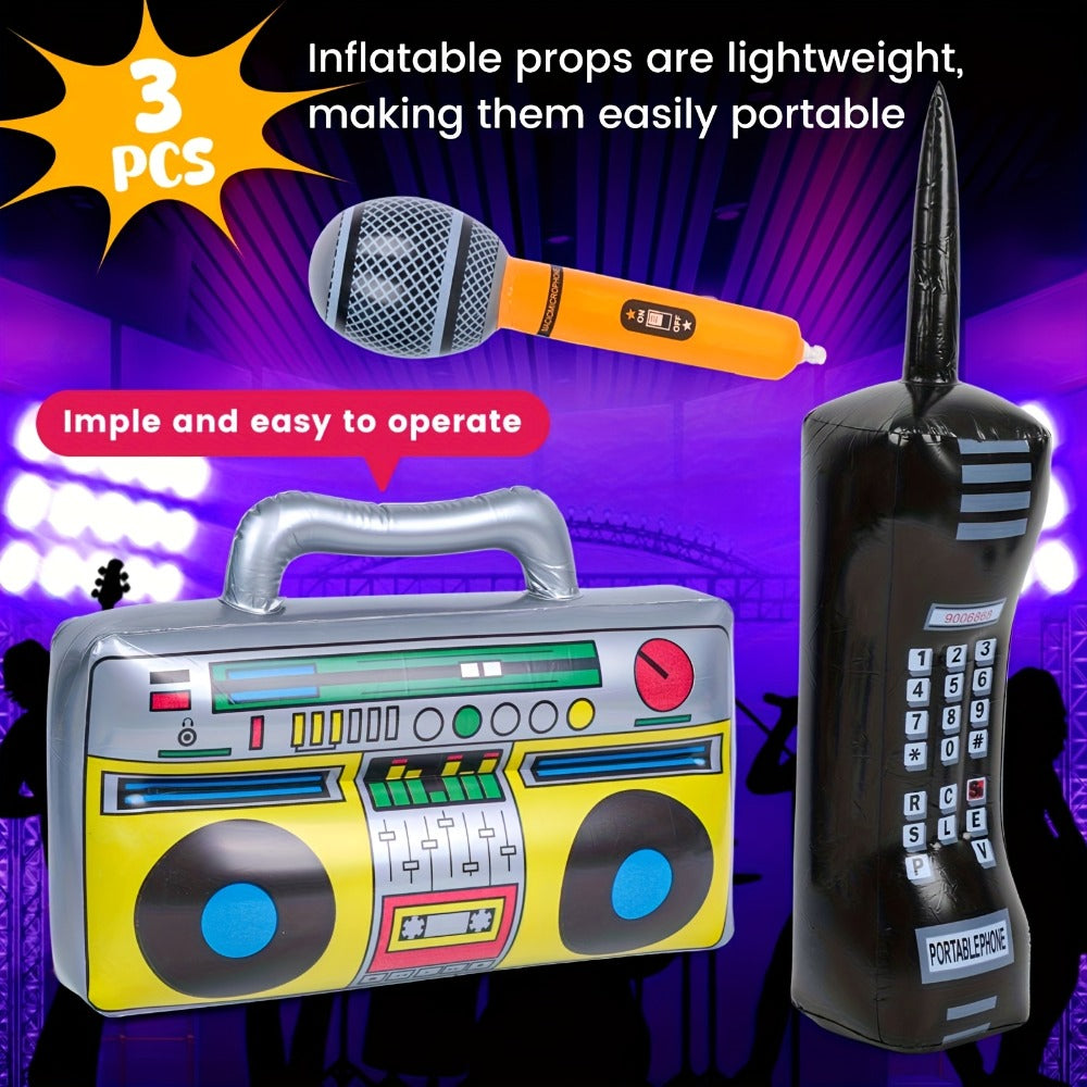 Inflatable Retro Party Props, 3-Piece Boombox, Microphone and Phone Set for 1980s Photo Booth Decor