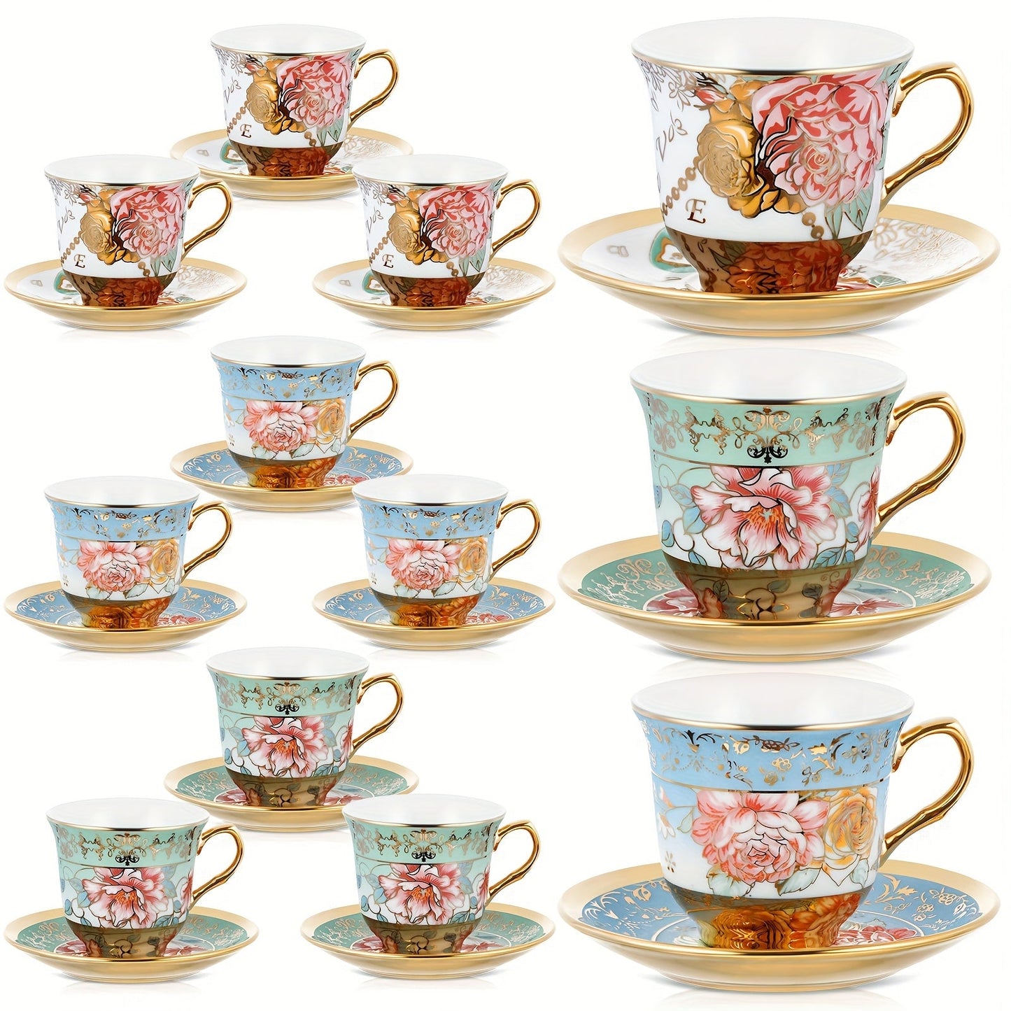 Twelve-Piece Floral Tea Cup and Saucer Set with Six 5.4-Ounce Cups and Six Matching Saucers