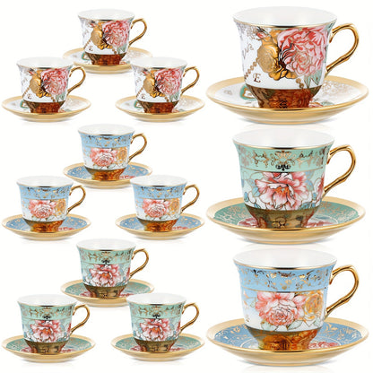 Twelve-Piece Floral Tea Cup and Saucer Set with Six 5.4-Ounce Cups and Six Matching Saucers