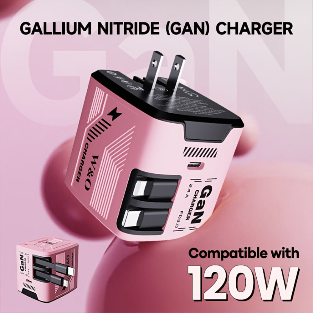 GaN Charger 120W with Lightning & Type-C Retractable Cables 47in, Foldable Plug USB-C Wall Adapter