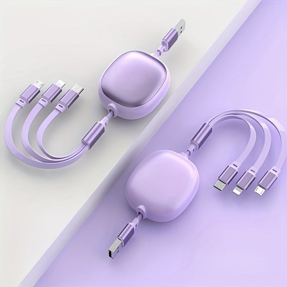 1.2m Retractable Charging Cable with Type-C, Micro USB and Lightning Ends in Six Color Options