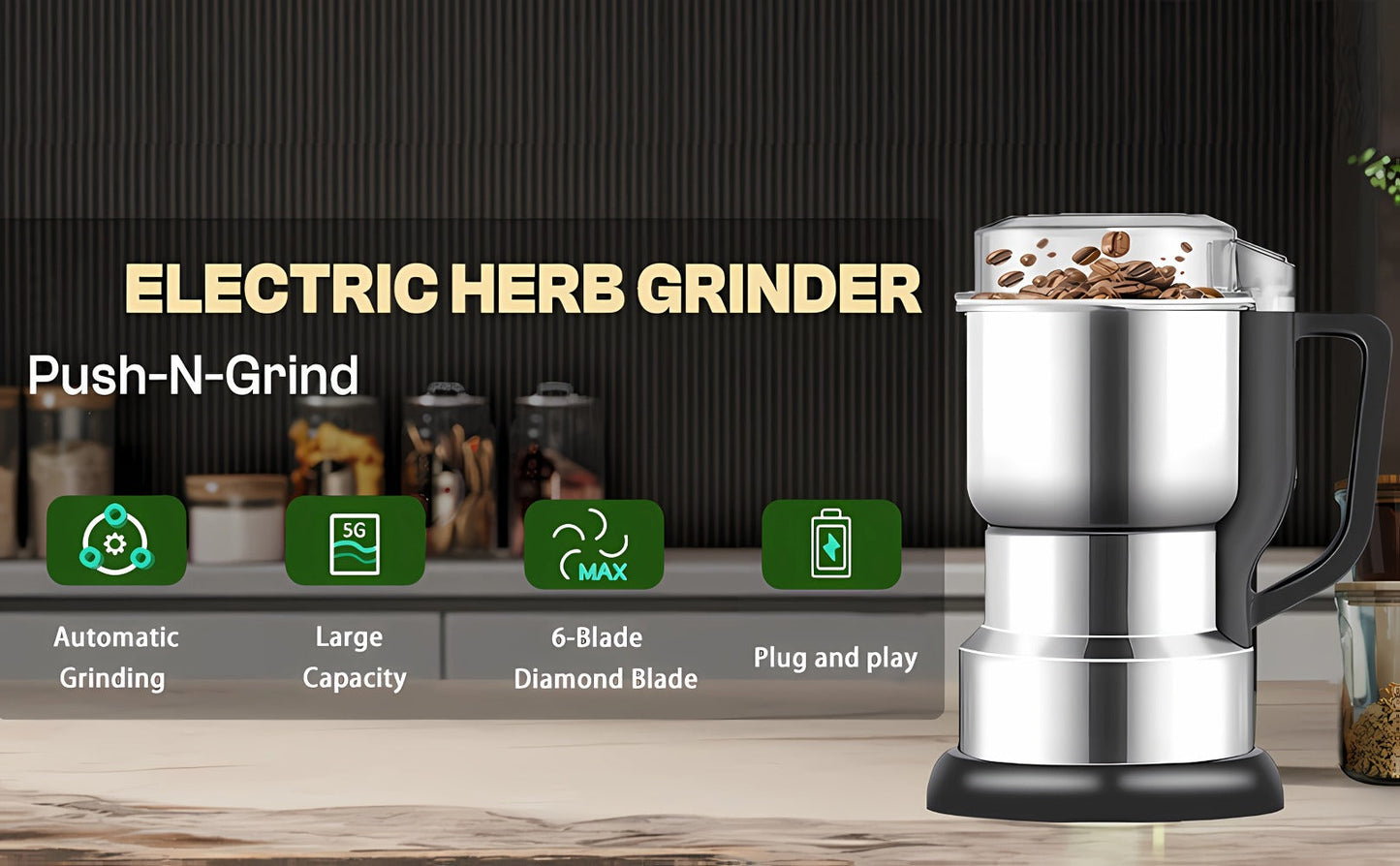 300W-Labeled Electric Coffee Grinder with Eight-Blade Assembly, 400ml Stainless Cup and Silver Finish