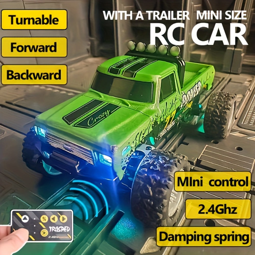 Mini RC Monster Truck 1:64 Scale with Matching Trailer, 2.4GHz Controller, LED Details and Three Color Options