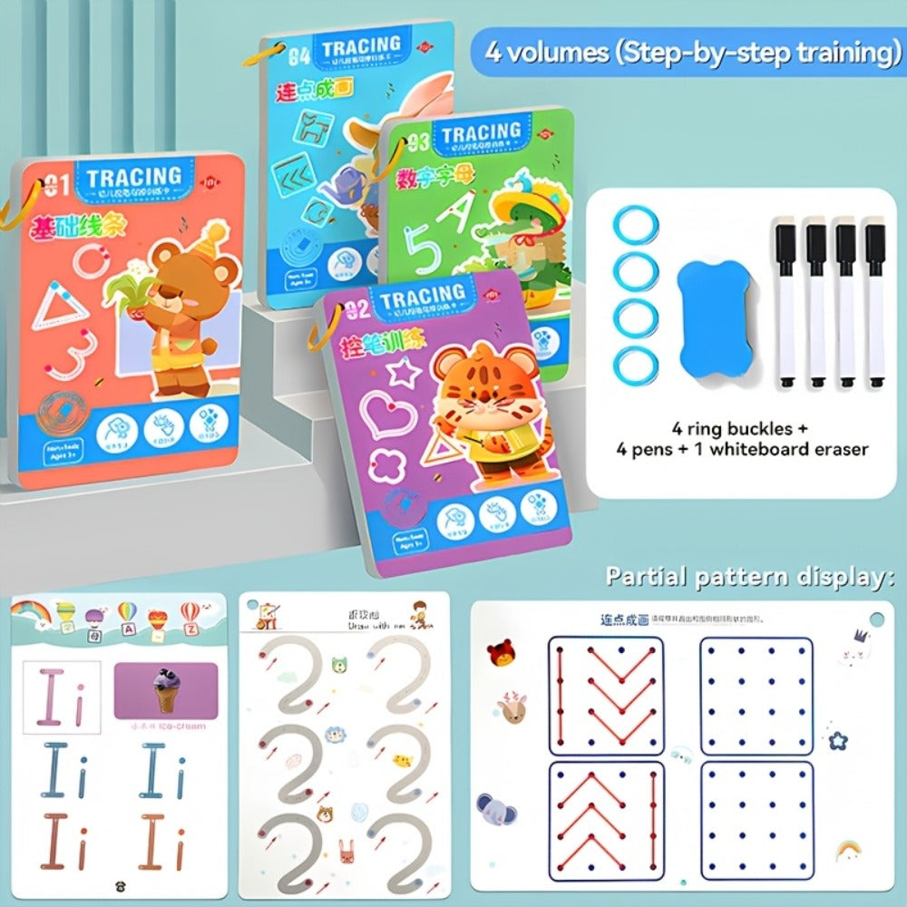 128-Page Reusable Handwriting Practice Set with Four Tracing Books, Four Pens, Eraser and Ring Buckles